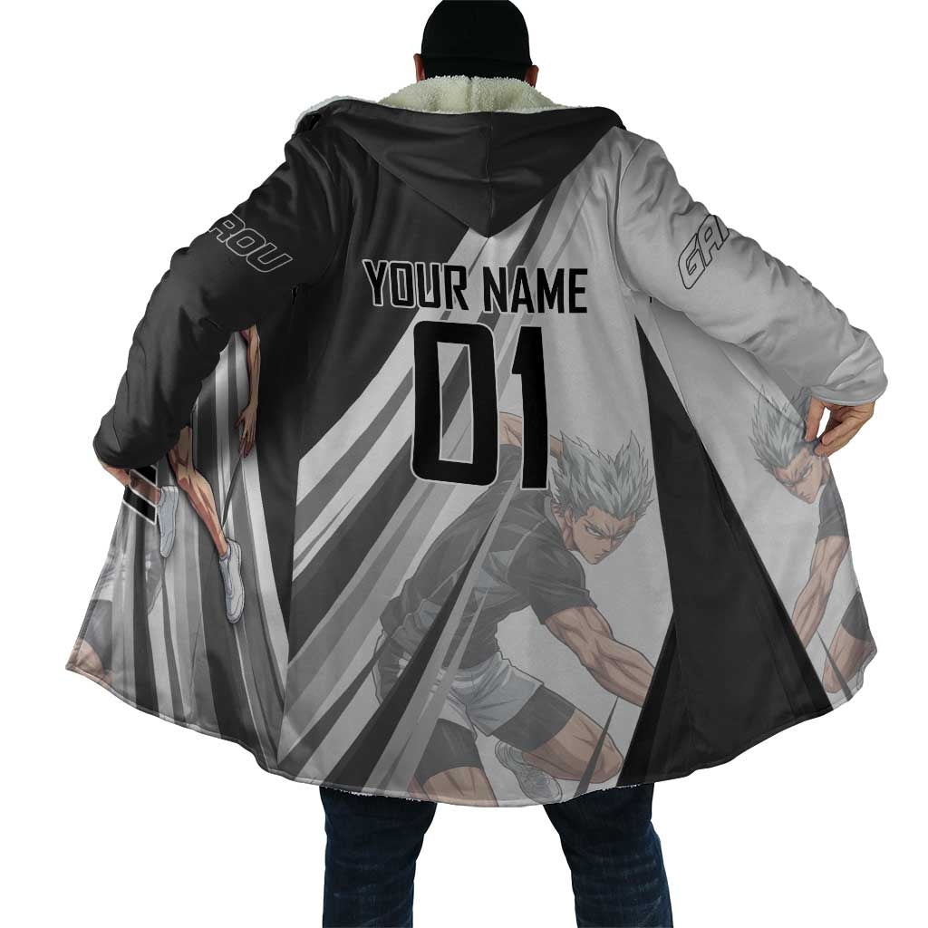 Personalized Garou Volleyball Action Design Cloak with Monochrome Stripes and Dynamic Pose
