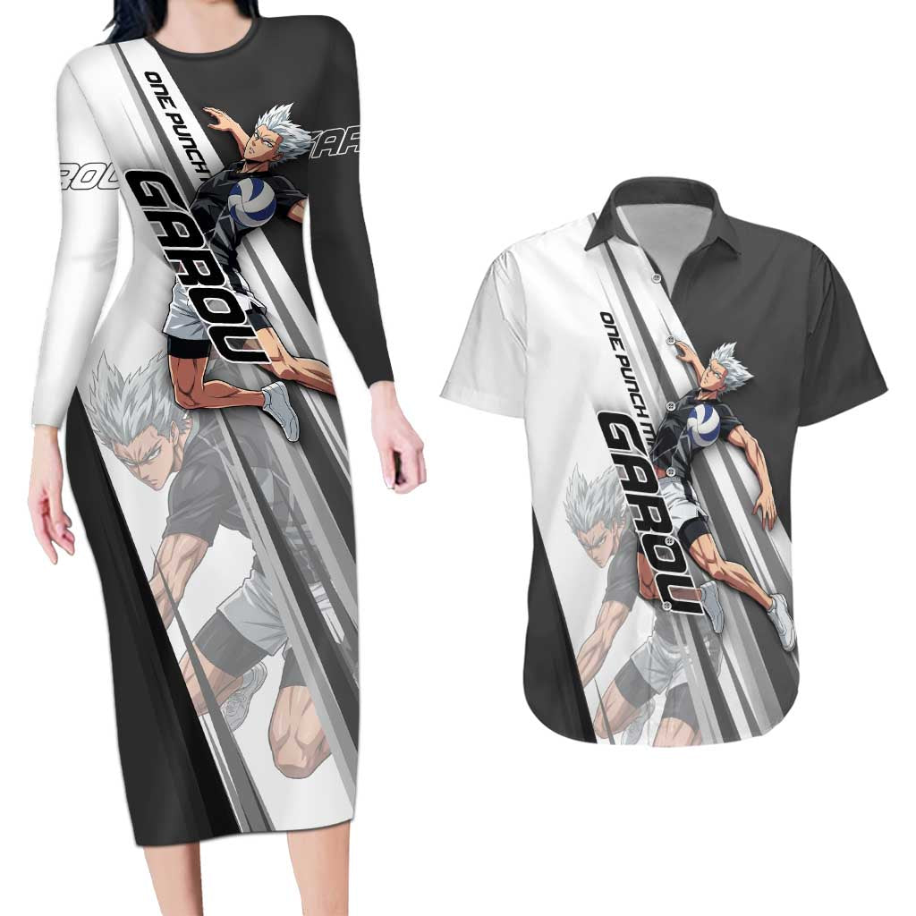 Personalized Garou Volleyball Action Design Couples Matching Long Sleeve Bodycon Dress and Hawaiian Shirt with Monochrome Stripes and Dynamic Pose