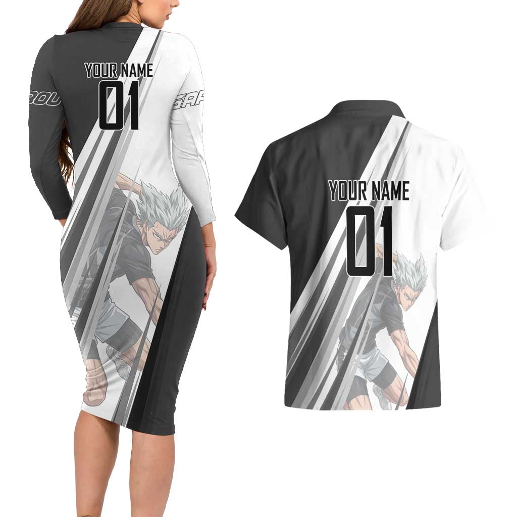 Personalized Garou Volleyball Action Design Couples Matching Long Sleeve Bodycon Dress and Hawaiian Shirt with Monochrome Stripes and Dynamic Pose
