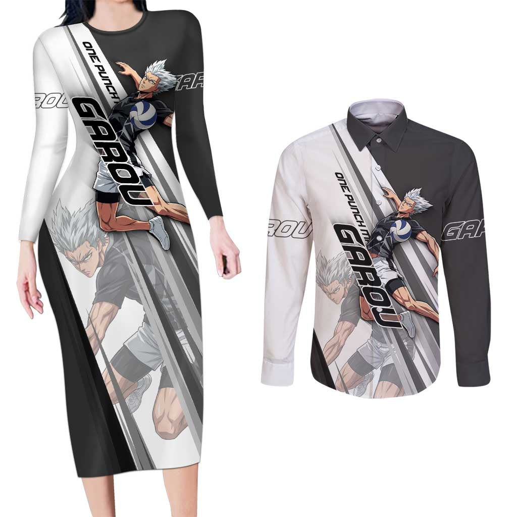 Personalized Garou Volleyball Action Design Couples Matching Long Sleeve Bodycon Dress and Long Sleeve Button Shirt with Monochrome Stripes and Dynamic Pose