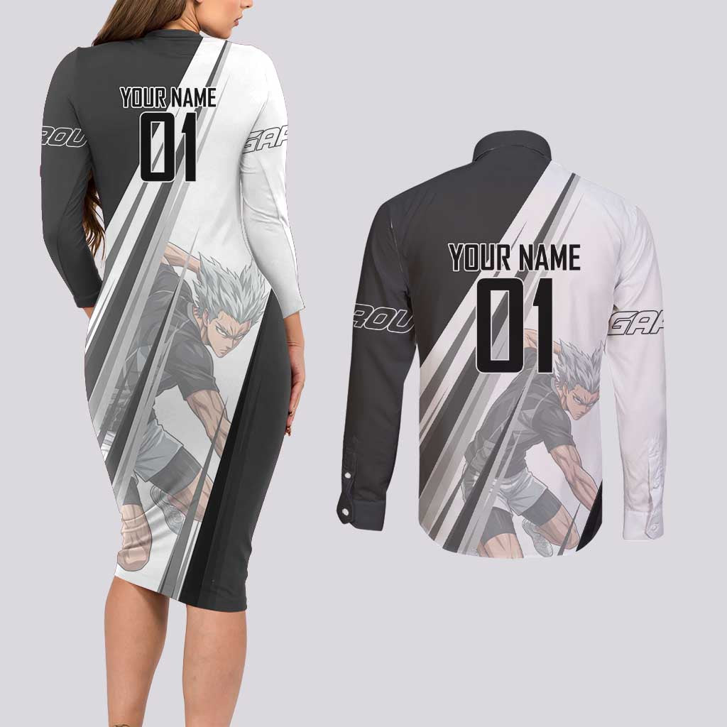 Personalized Garou Volleyball Action Design Couples Matching Long Sleeve Bodycon Dress and Long Sleeve Button Shirt with Monochrome Stripes and Dynamic Pose