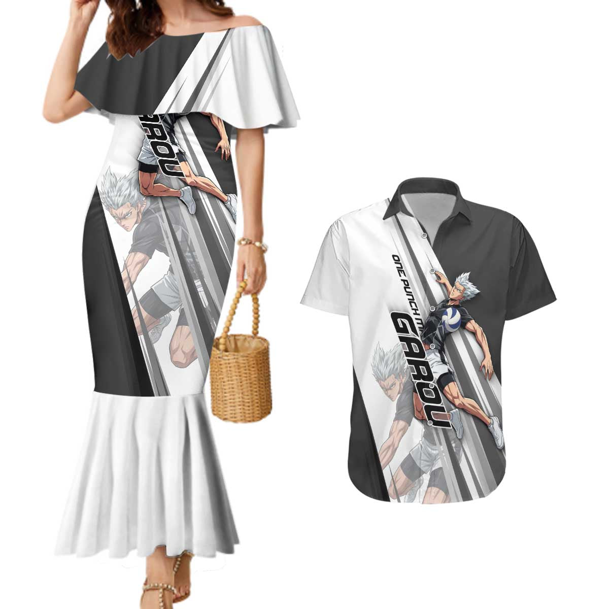 Personalized Garou Volleyball Action Design Couples Matching Mermaid Dress and Hawaiian Shirt with Monochrome Stripes and Dynamic Pose
