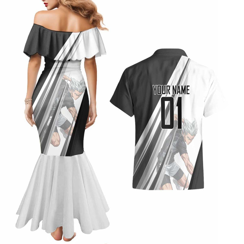 Personalized Garou Volleyball Action Design Couples Matching Mermaid Dress and Hawaiian Shirt with Monochrome Stripes and Dynamic Pose