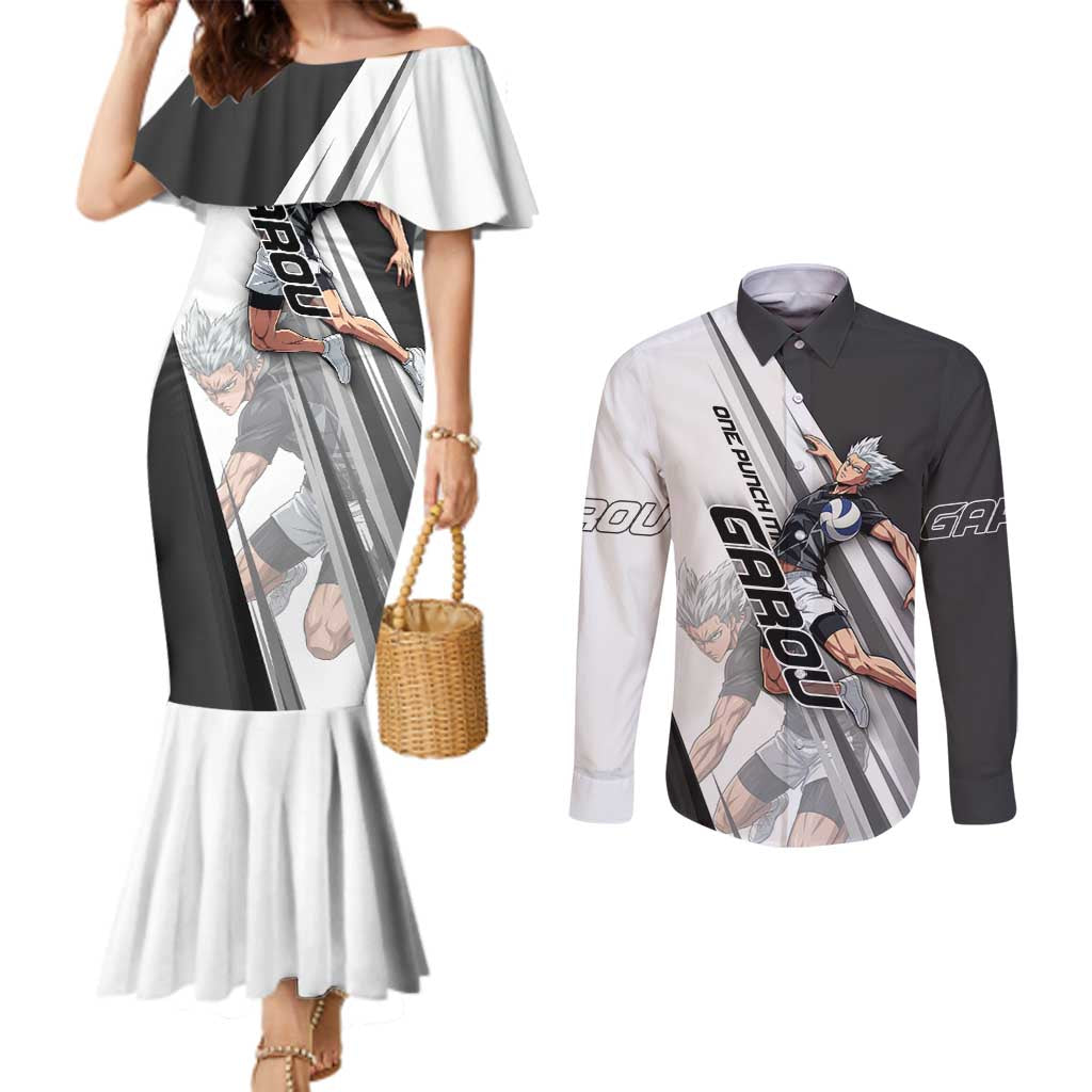 Personalized Garou Volleyball Action Design Couples Matching Mermaid Dress and Long Sleeve Button Shirt with Monochrome Stripes and Dynamic Pose