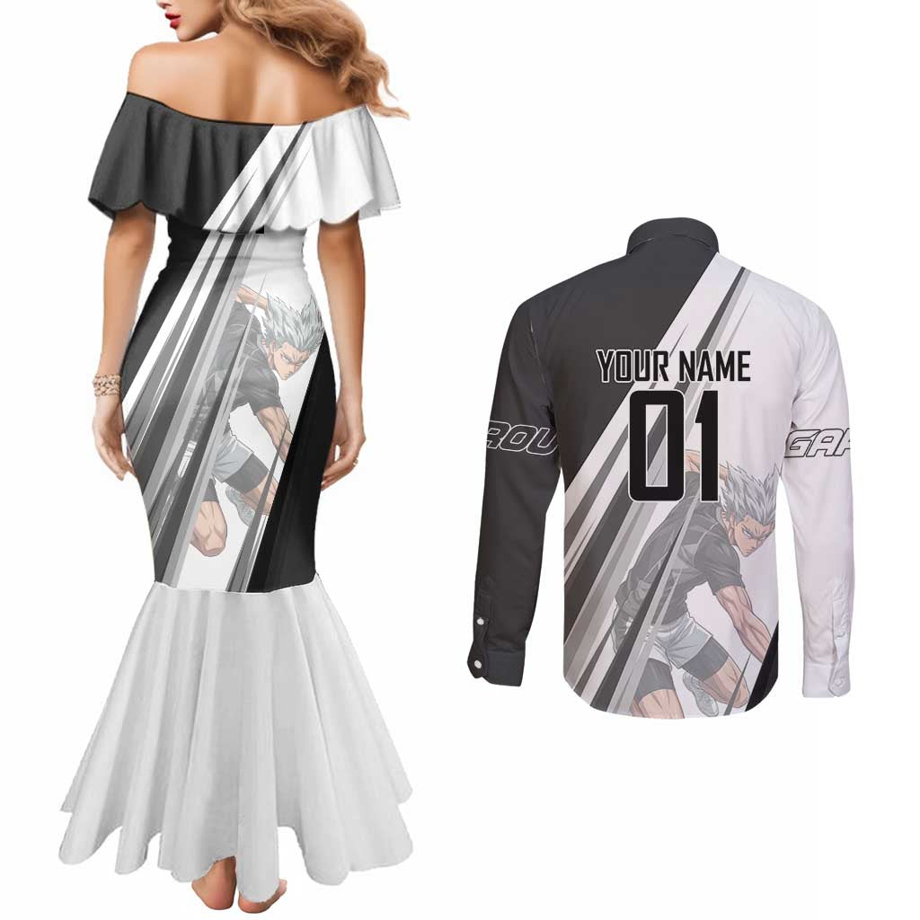 Personalized Garou Volleyball Action Design Couples Matching Mermaid Dress and Long Sleeve Button Shirt with Monochrome Stripes and Dynamic Pose