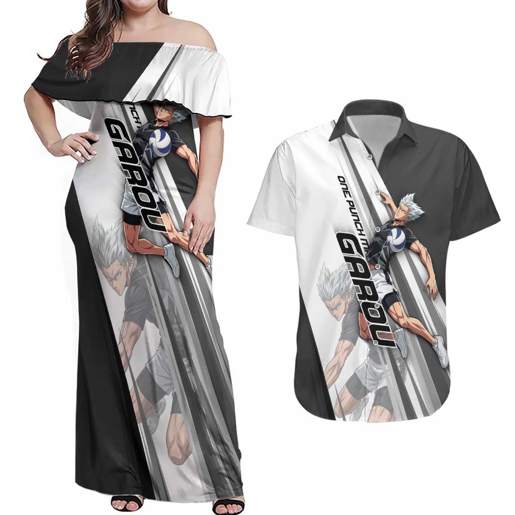 Personalized Garou Volleyball Action Design Couples Matching Off Shoulder Maxi Dress and Hawaiian Shirt with Monochrome Stripes and Dynamic Pose