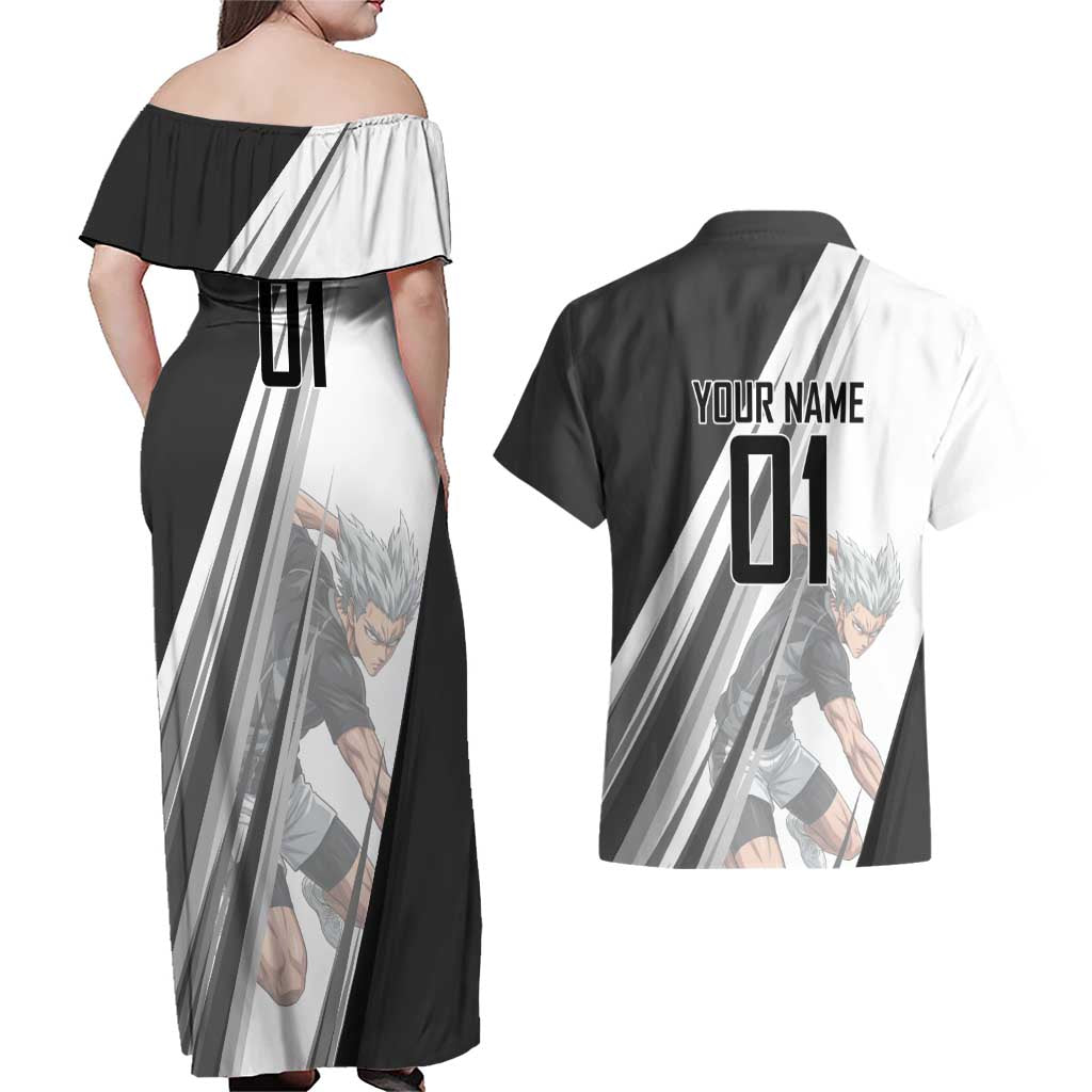 Personalized Garou Volleyball Action Design Couples Matching Off Shoulder Maxi Dress and Hawaiian Shirt with Monochrome Stripes and Dynamic Pose