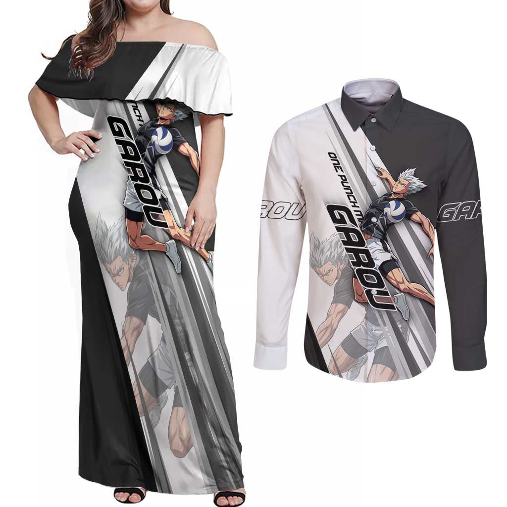 Personalized Garou Volleyball Action Design Couples Matching Off Shoulder Maxi Dress and Long Sleeve Button Shirt with Monochrome Stripes and Dynamic Pose
