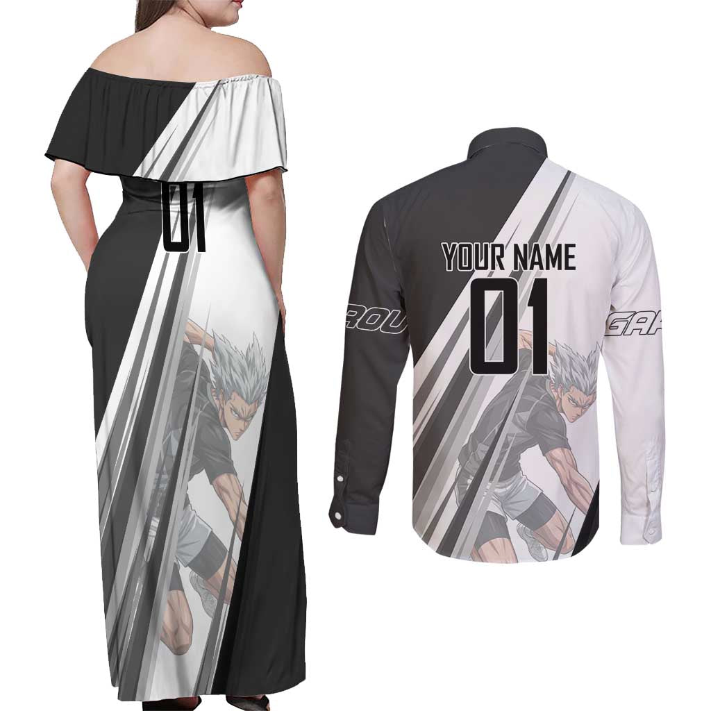 Personalized Garou Volleyball Action Design Couples Matching Off Shoulder Maxi Dress and Long Sleeve Button Shirt with Monochrome Stripes and Dynamic Pose