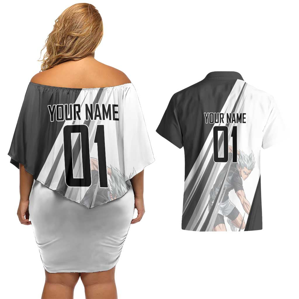 Personalized Garou Volleyball Action Design Couples Matching Off Shoulder Short Dress and Hawaiian Shirt with Monochrome Stripes and Dynamic Pose