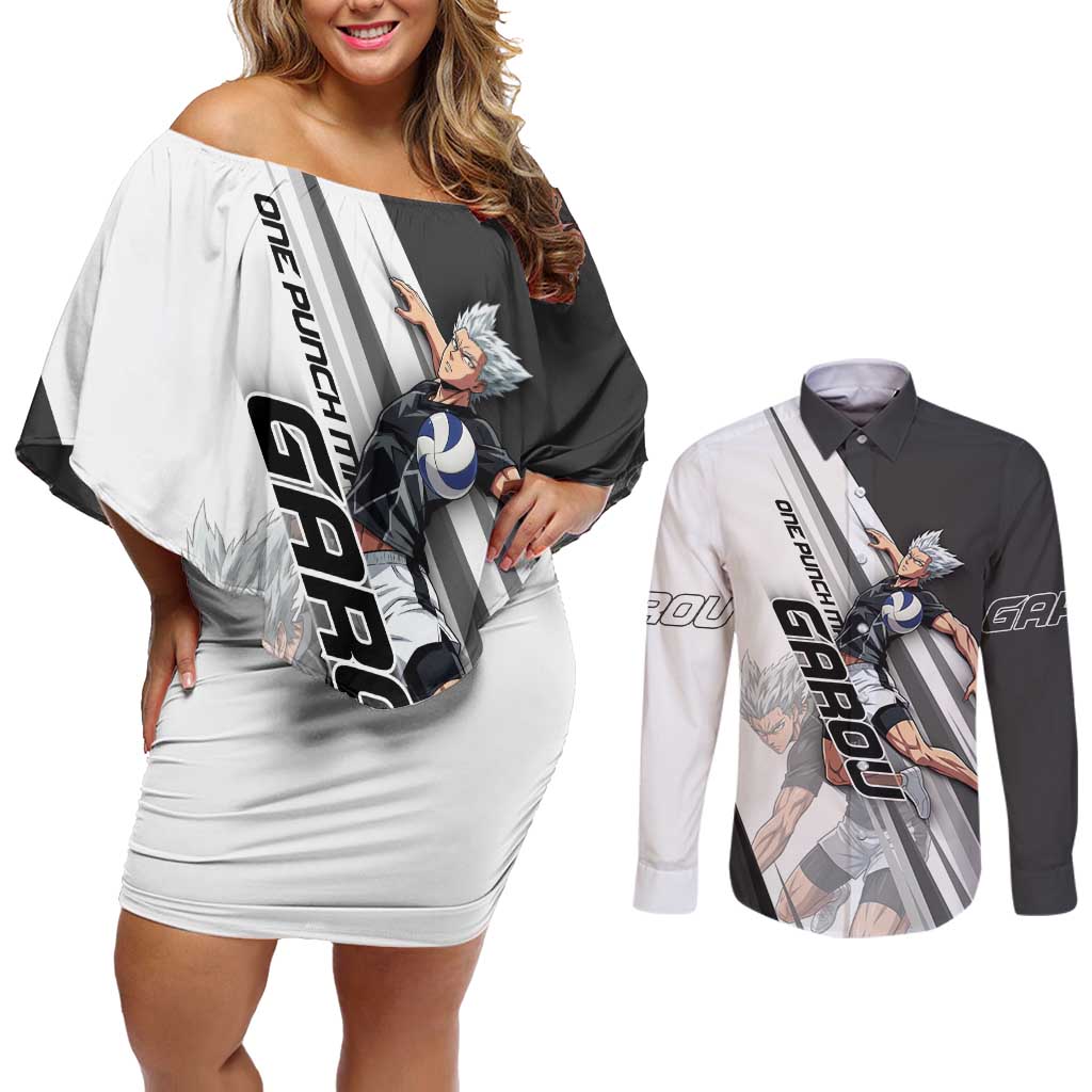 Personalized Garou Volleyball Action Design Couples Matching Off Shoulder Short Dress and Long Sleeve Button Shirt with Monochrome Stripes and Dynamic Pose