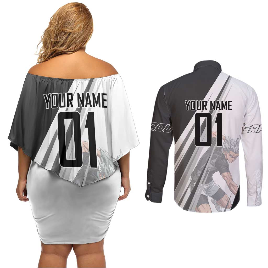 Personalized Garou Volleyball Action Design Couples Matching Off Shoulder Short Dress and Long Sleeve Button Shirt with Monochrome Stripes and Dynamic Pose