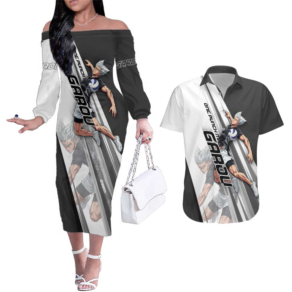 Personalized Garou Volleyball Action Design Couples Matching Off The Shoulder Long Sleeve Dress and Hawaiian Shirt with Monochrome Stripes and Dynamic Pose
