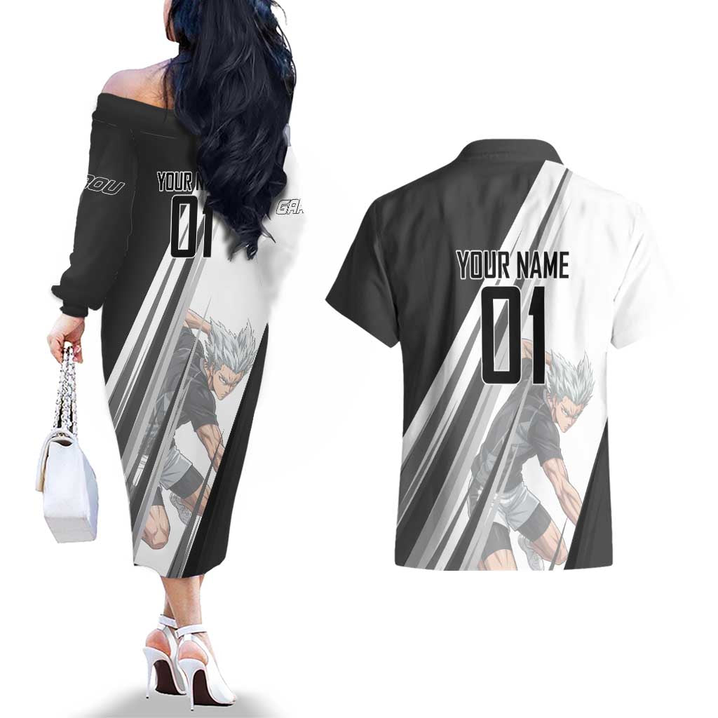 Personalized Garou Volleyball Action Design Couples Matching Off The Shoulder Long Sleeve Dress and Hawaiian Shirt with Monochrome Stripes and Dynamic Pose