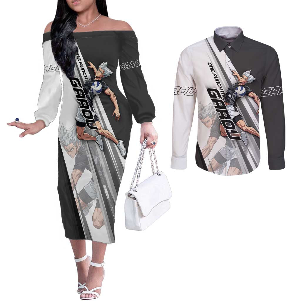 Personalized Garou Volleyball Action Design Couples Matching Off The Shoulder Long Sleeve Dress and Long Sleeve Button Shirt with Monochrome Stripes and Dynamic Pose