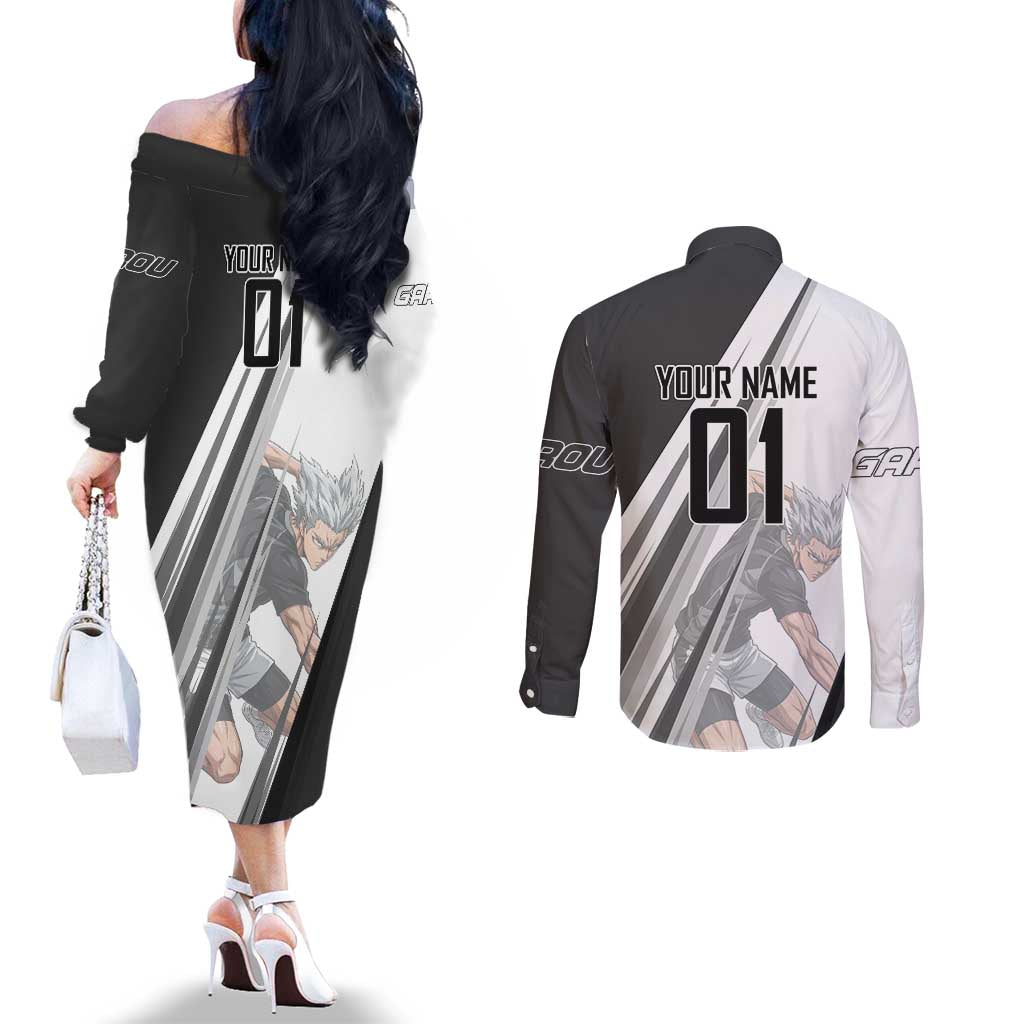 Personalized Garou Volleyball Action Design Couples Matching Off The Shoulder Long Sleeve Dress and Long Sleeve Button Shirt with Monochrome Stripes and Dynamic Pose