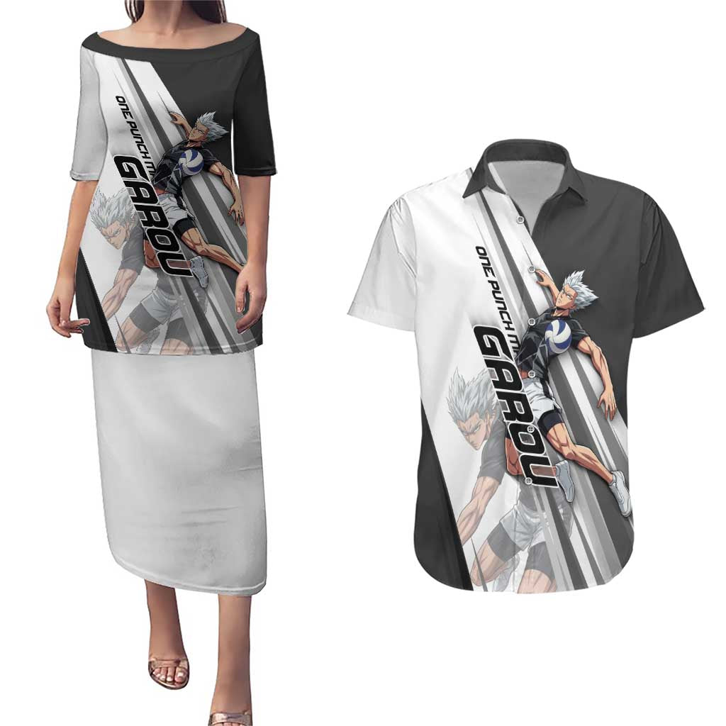 Personalized Garou Volleyball Action Design Couples Matching Puletasi and Hawaiian Shirt with Monochrome Stripes and Dynamic Pose