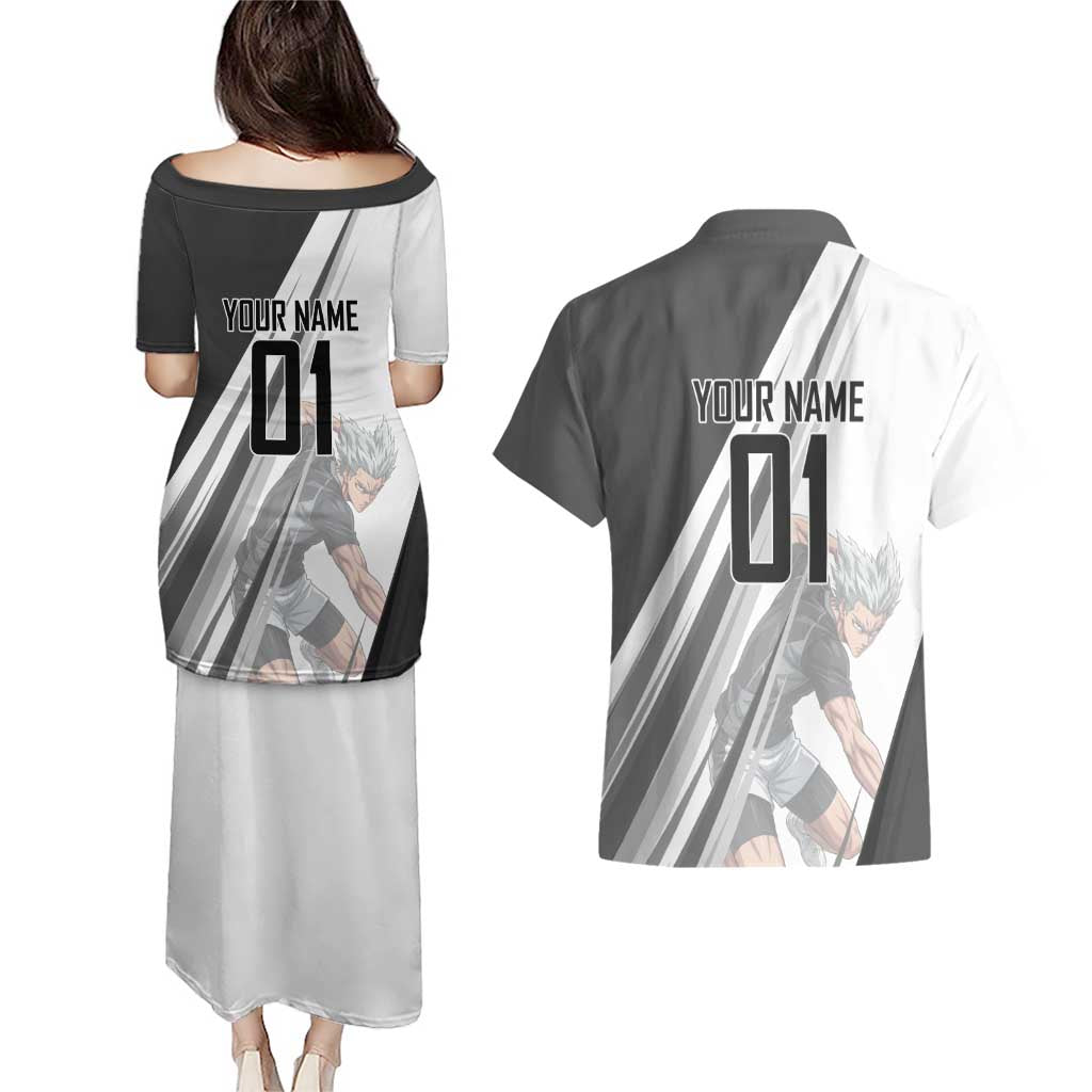 Personalized Garou Volleyball Action Design Couples Matching Puletasi and Hawaiian Shirt with Monochrome Stripes and Dynamic Pose