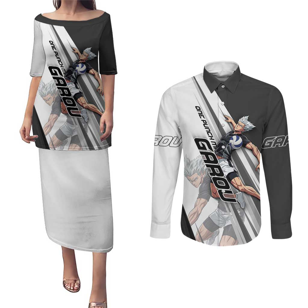 Personalized Garou Volleyball Action Design Couples Matching Puletasi and Long Sleeve Button Shirt with Monochrome Stripes and Dynamic Pose