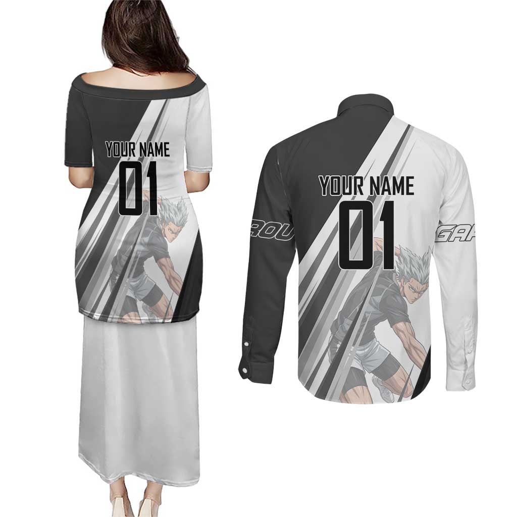 Personalized Garou Volleyball Action Design Couples Matching Puletasi and Long Sleeve Button Shirt with Monochrome Stripes and Dynamic Pose