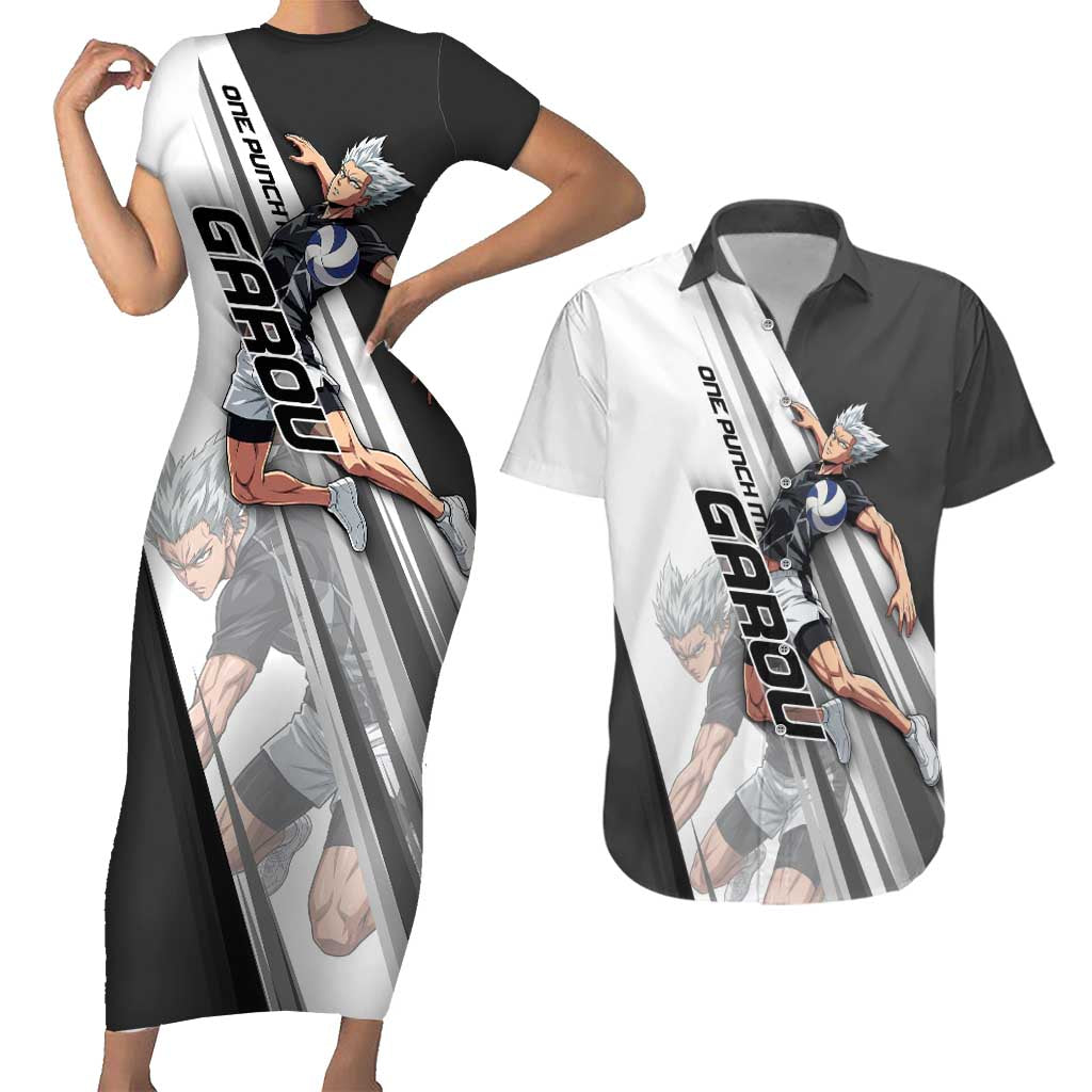 Personalized Garou Volleyball Action Design Couples Matching Short Sleeve Bodycon Dress and Hawaiian Shirt with Monochrome Stripes and Dynamic Pose