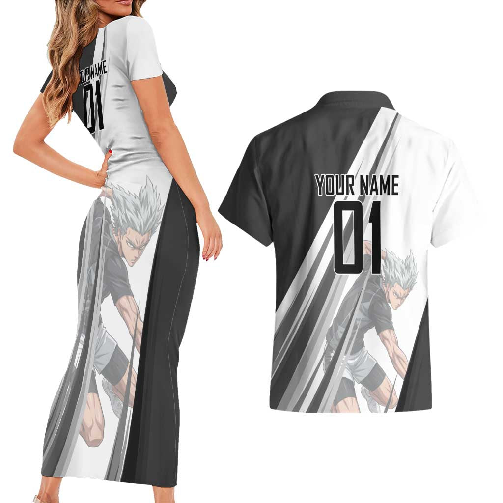 Personalized Garou Volleyball Action Design Couples Matching Short Sleeve Bodycon Dress and Hawaiian Shirt with Monochrome Stripes and Dynamic Pose