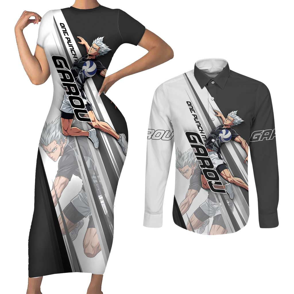 Personalized Garou Volleyball Action Design Couples Matching Short Sleeve Bodycon Dress and Long Sleeve Button Shirt with Monochrome Stripes and Dynamic Pose