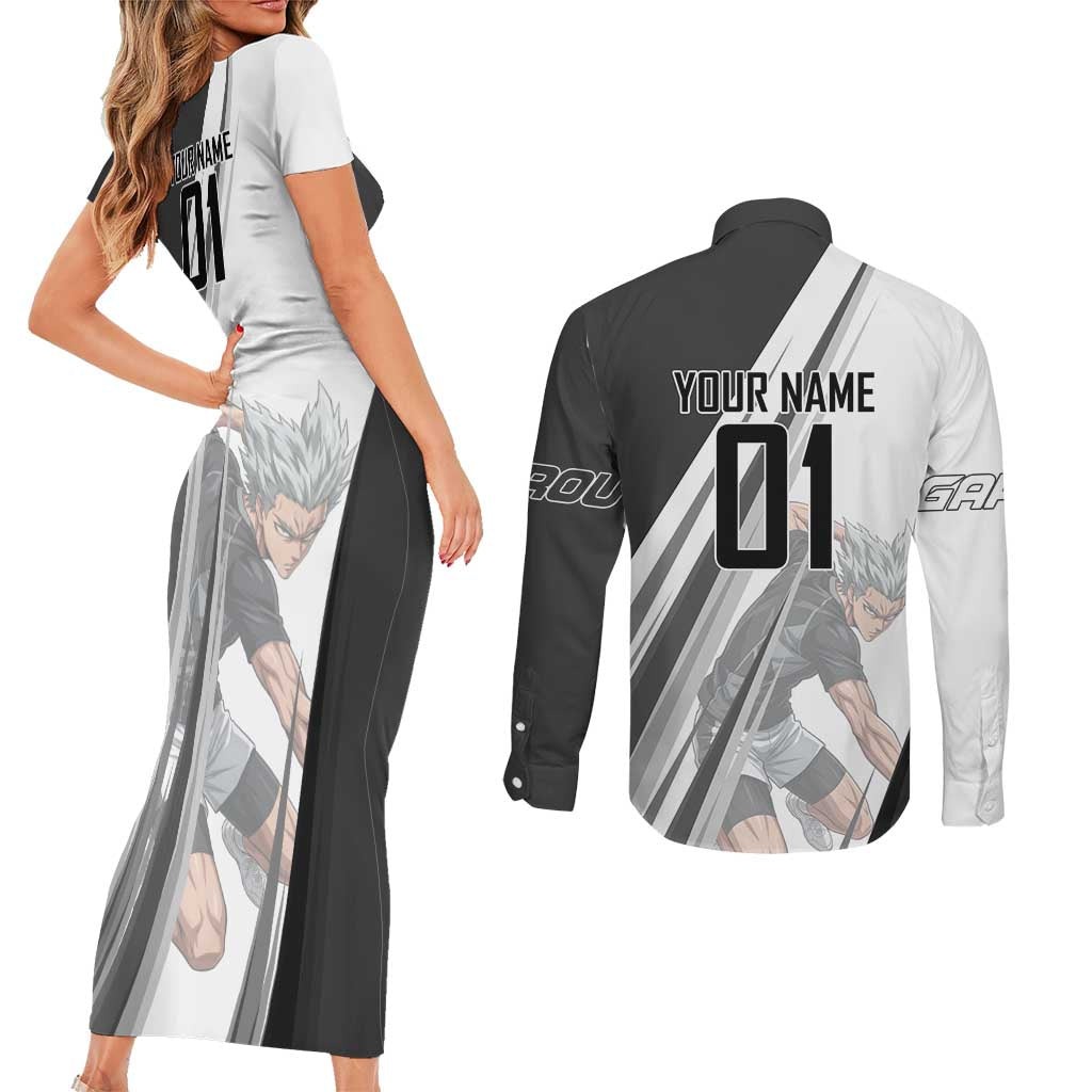 Personalized Garou Volleyball Action Design Couples Matching Short Sleeve Bodycon Dress and Long Sleeve Button Shirt with Monochrome Stripes and Dynamic Pose
