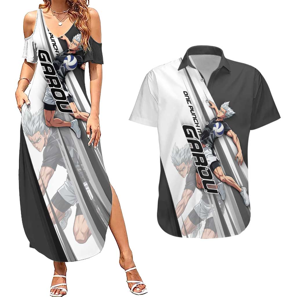 Personalized Garou Volleyball Action Design Couples Matching Summer Maxi Dress and Hawaiian Shirt with Monochrome Stripes and Dynamic Pose