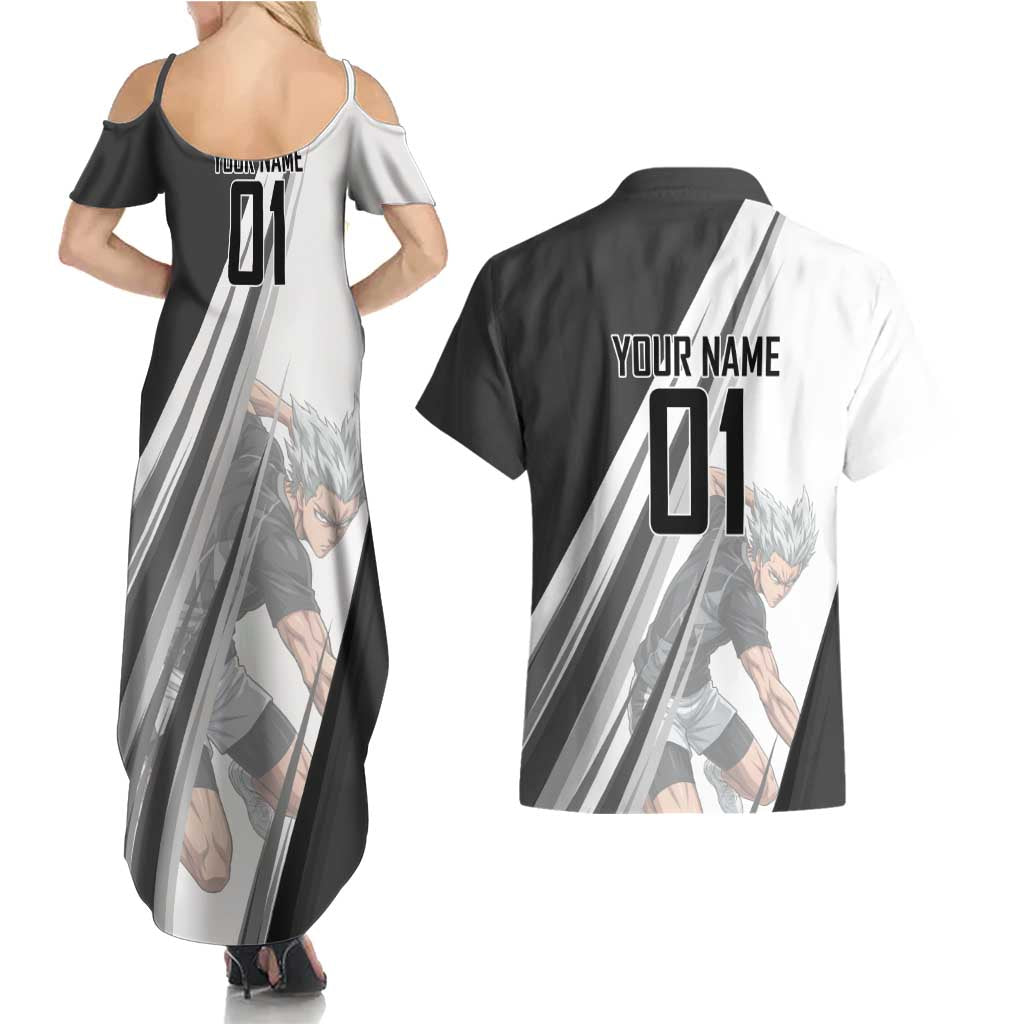 Personalized Garou Volleyball Action Design Couples Matching Summer Maxi Dress and Hawaiian Shirt with Monochrome Stripes and Dynamic Pose