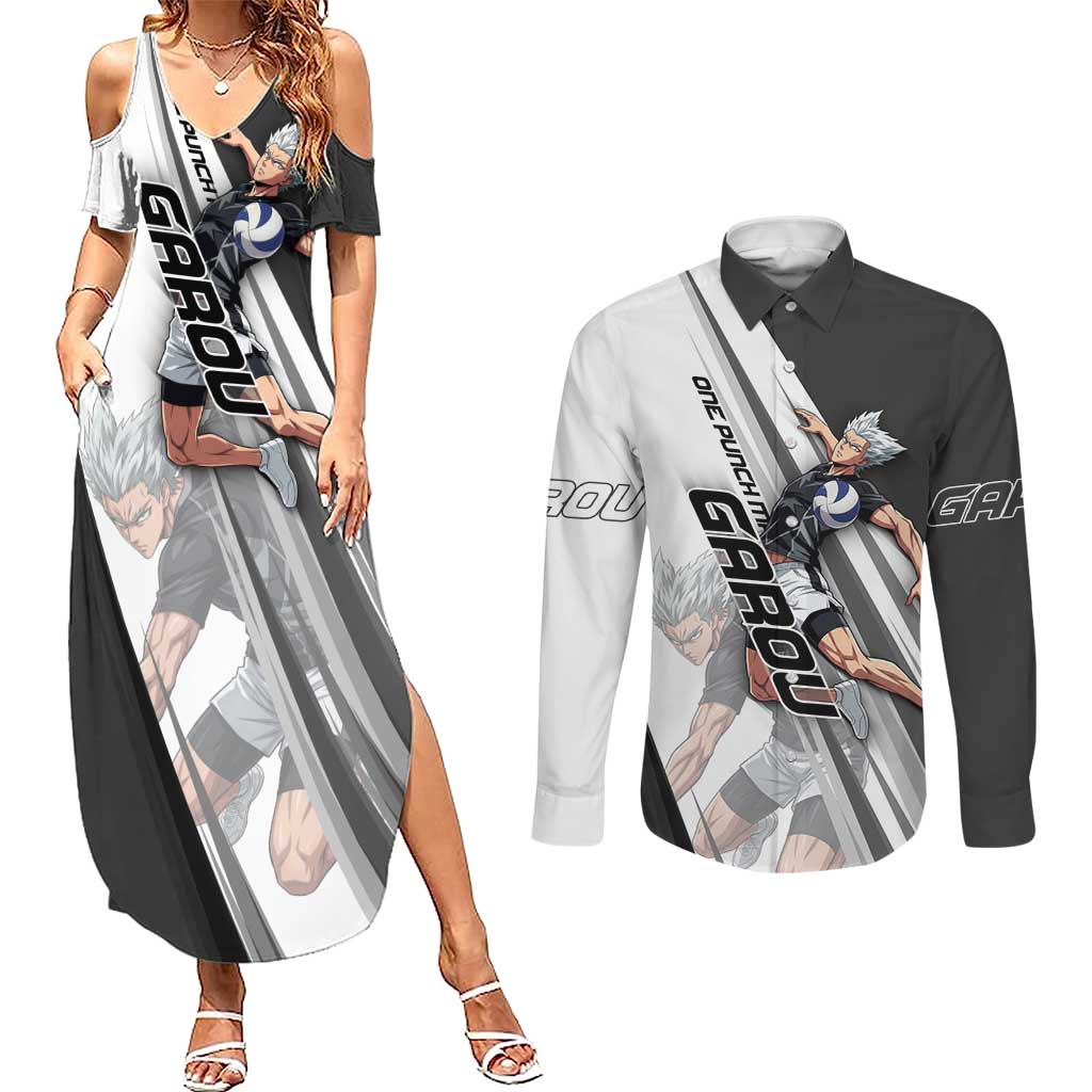 Personalized Garou Volleyball Action Design Couples Matching Summer Maxi Dress and Long Sleeve Button Shirt with Monochrome Stripes and Dynamic Pose