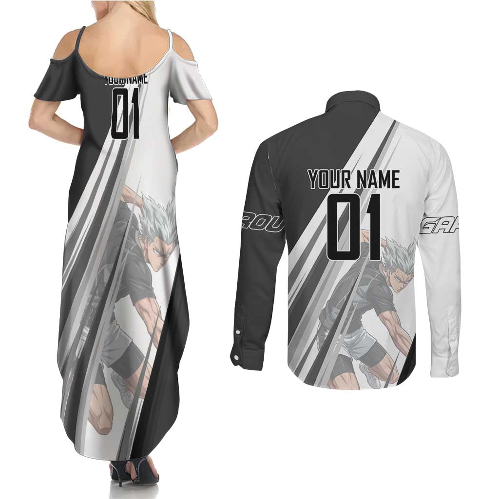 Personalized Garou Volleyball Action Design Couples Matching Summer Maxi Dress and Long Sleeve Button Shirt with Monochrome Stripes and Dynamic Pose