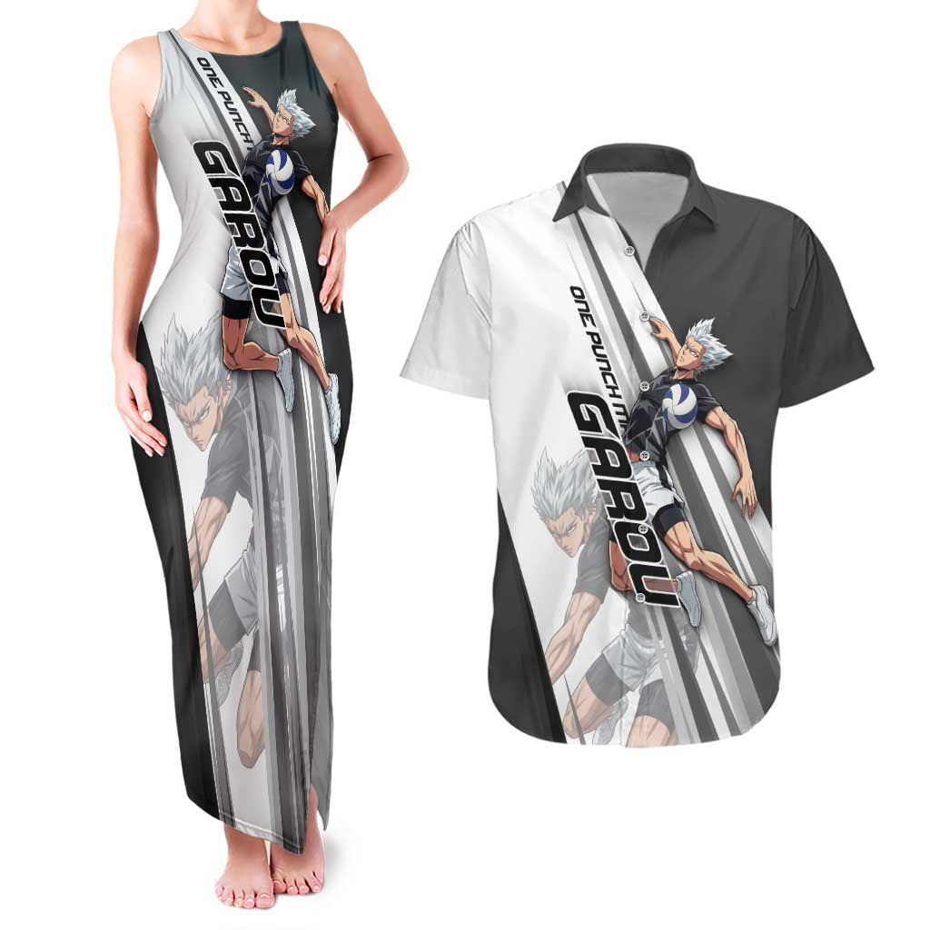 Personalized Garou Volleyball Action Design Couples Matching Tank Maxi Dress and Hawaiian Shirt with Monochrome Stripes and Dynamic Pose