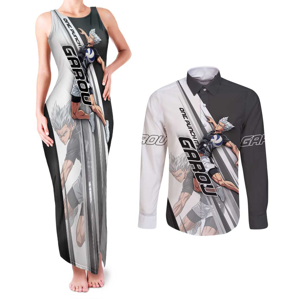 Personalized Garou Volleyball Action Design Couples Matching Tank Maxi Dress and Long Sleeve Button Shirt with Monochrome Stripes and Dynamic Pose