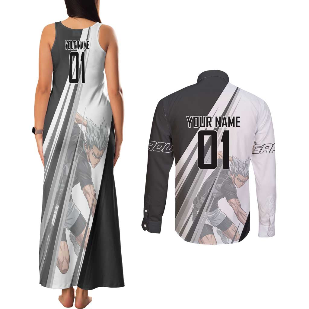Personalized Garou Volleyball Action Design Couples Matching Tank Maxi Dress and Long Sleeve Button Shirt with Monochrome Stripes and Dynamic Pose