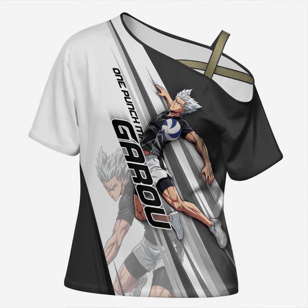 Personalized Garou Volleyball Action Design Cross Shoulder Shirt with Monochrome Stripes and Dynamic Pose