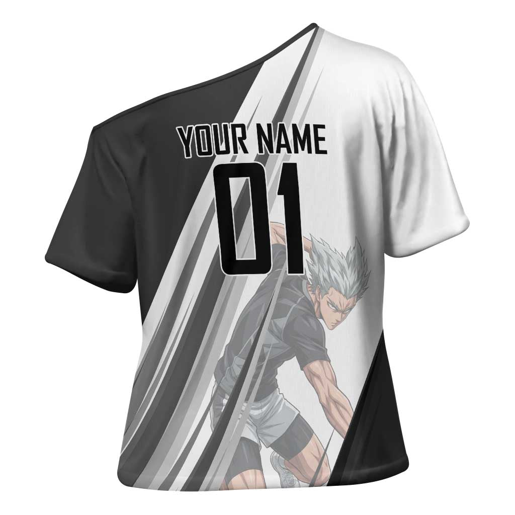 Personalized Garou Volleyball Action Design Cross Shoulder Shirt with Monochrome Stripes and Dynamic Pose