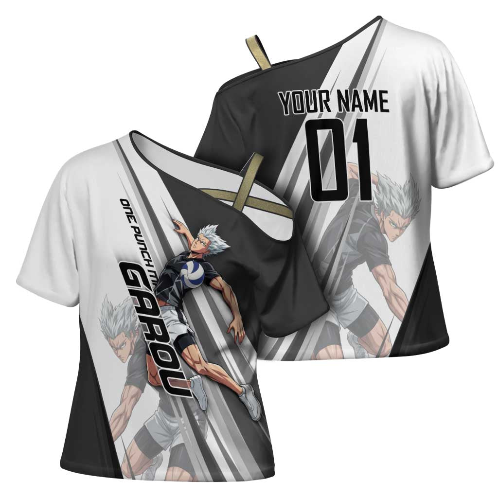 Personalized Garou Volleyball Action Design Cross Shoulder Shirt with Monochrome Stripes and Dynamic Pose