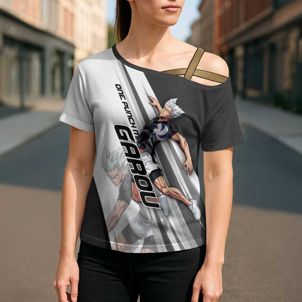 Personalized Garou Volleyball Action Design Cross Shoulder Shirt with Monochrome Stripes and Dynamic Pose