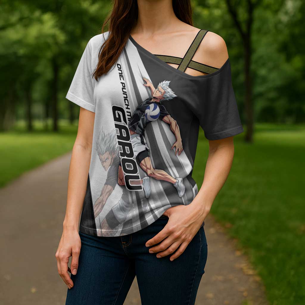 Personalized Garou Volleyball Action Design Cross Shoulder Shirt with Monochrome Stripes and Dynamic Pose