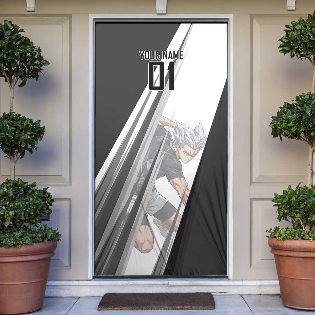 Personalized Garou Volleyball Action Design Door Cover with Monochrome Stripes and Dynamic Pose