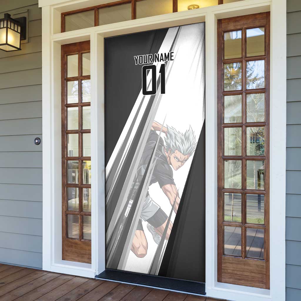 Personalized Garou Volleyball Action Design Door Cover with Monochrome Stripes and Dynamic Pose