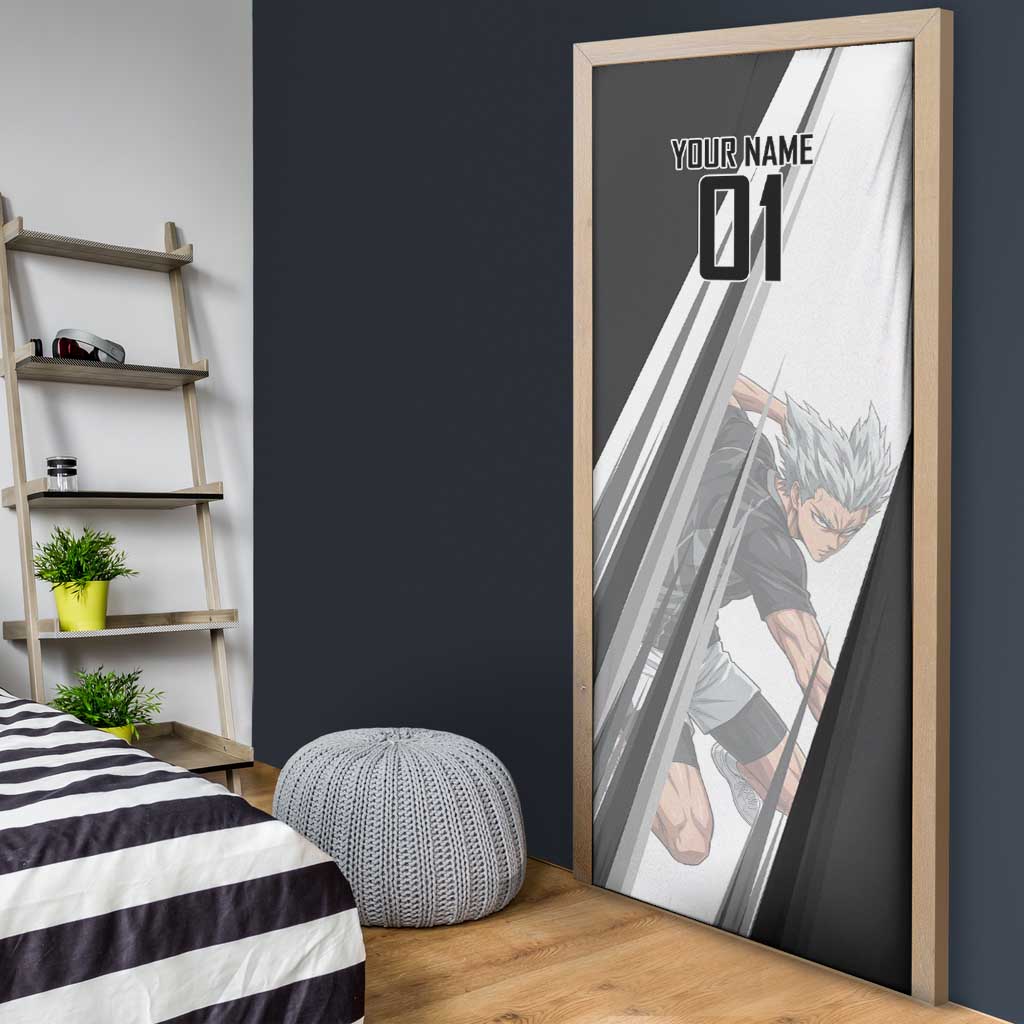 Personalized Garou Volleyball Action Design Door Cover with Monochrome Stripes and Dynamic Pose