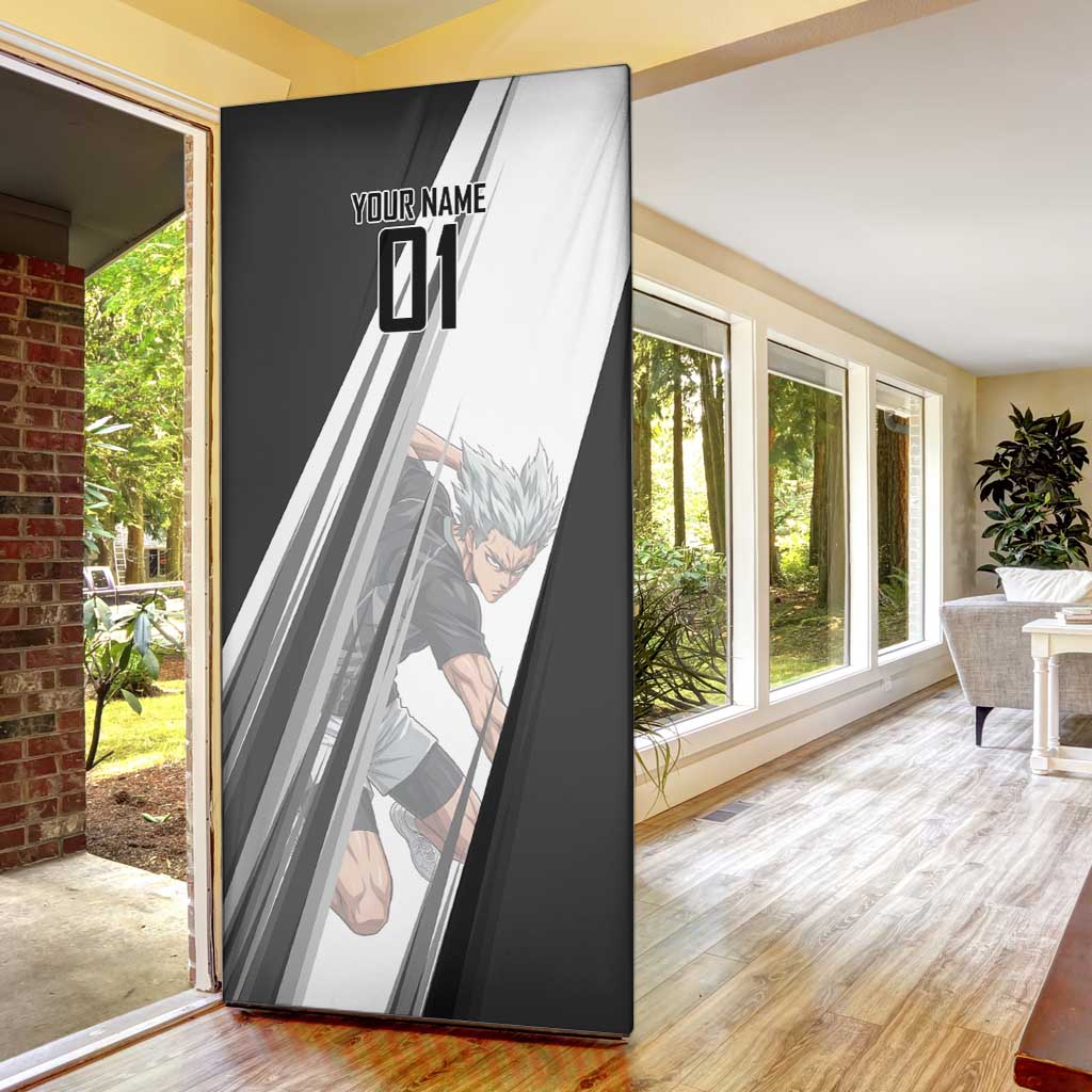 Personalized Garou Volleyball Action Design Door Cover with Monochrome Stripes and Dynamic Pose