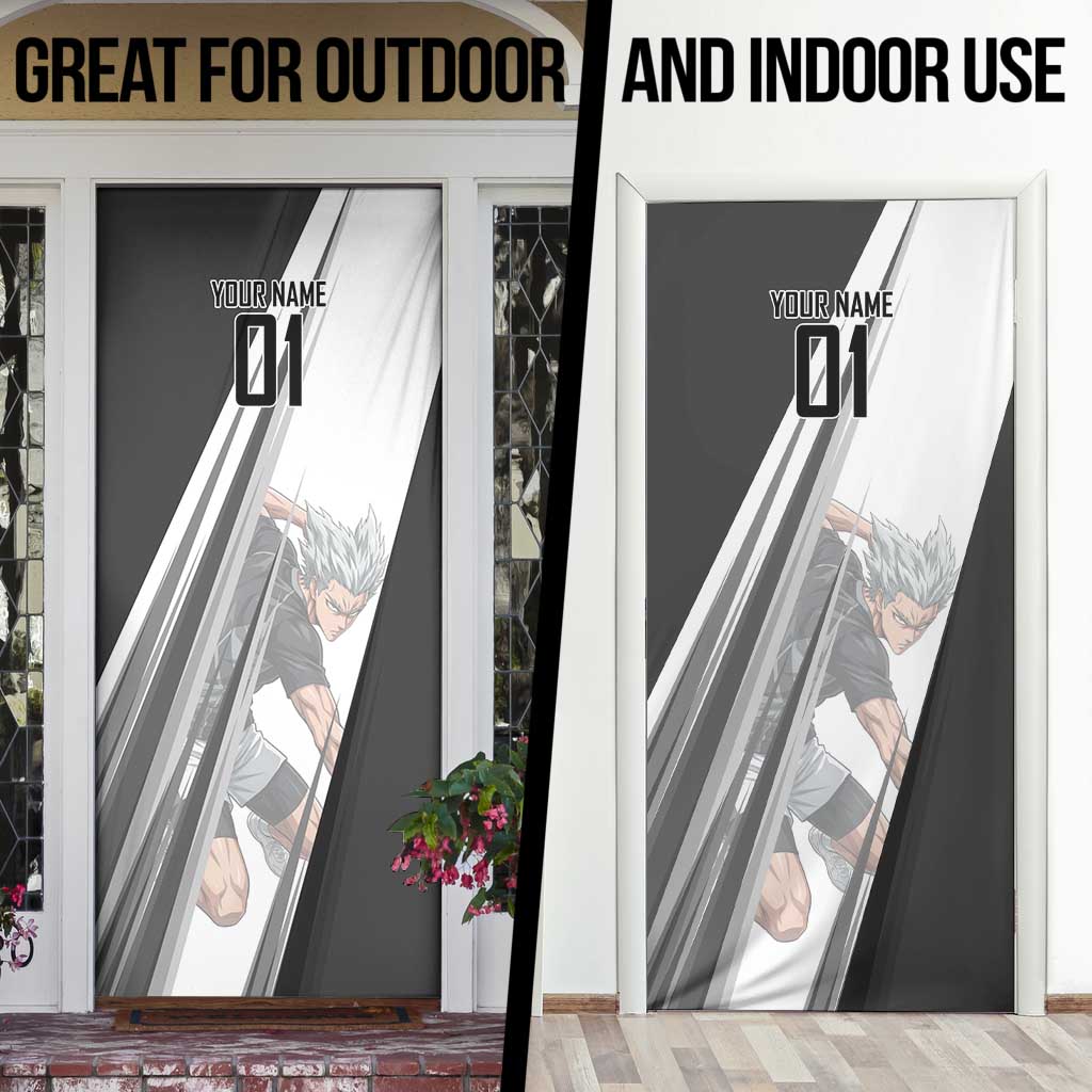 Personalized Garou Volleyball Action Design Door Cover with Monochrome Stripes and Dynamic Pose