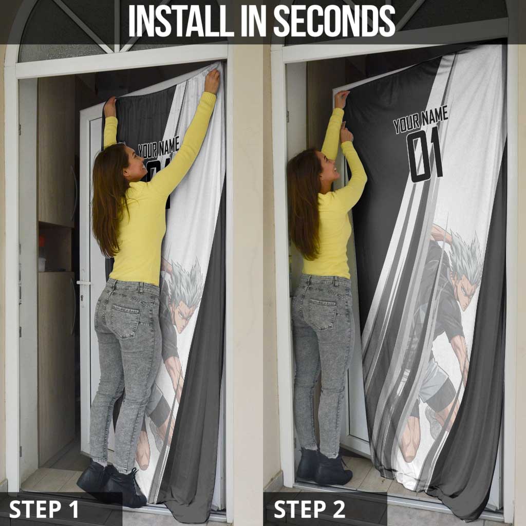 Personalized Garou Volleyball Action Design Door Cover with Monochrome Stripes and Dynamic Pose