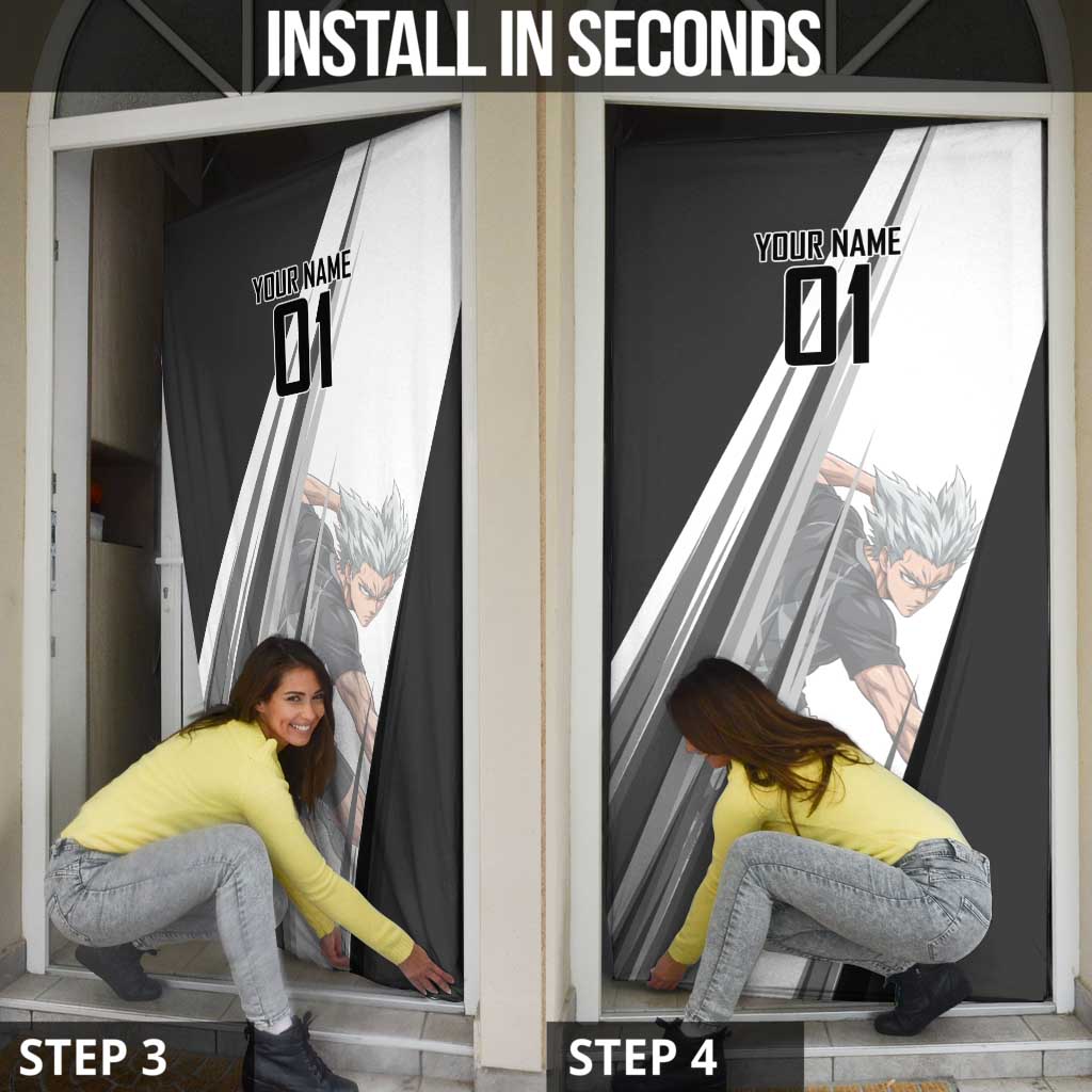 Personalized Garou Volleyball Action Design Door Cover with Monochrome Stripes and Dynamic Pose