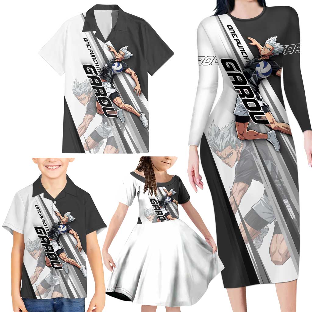 Personalized Garou Volleyball Action Design Family Matching Long Sleeve Bodycon Dress and Hawaiian Shirt with Monochrome Stripes and Dynamic Pose