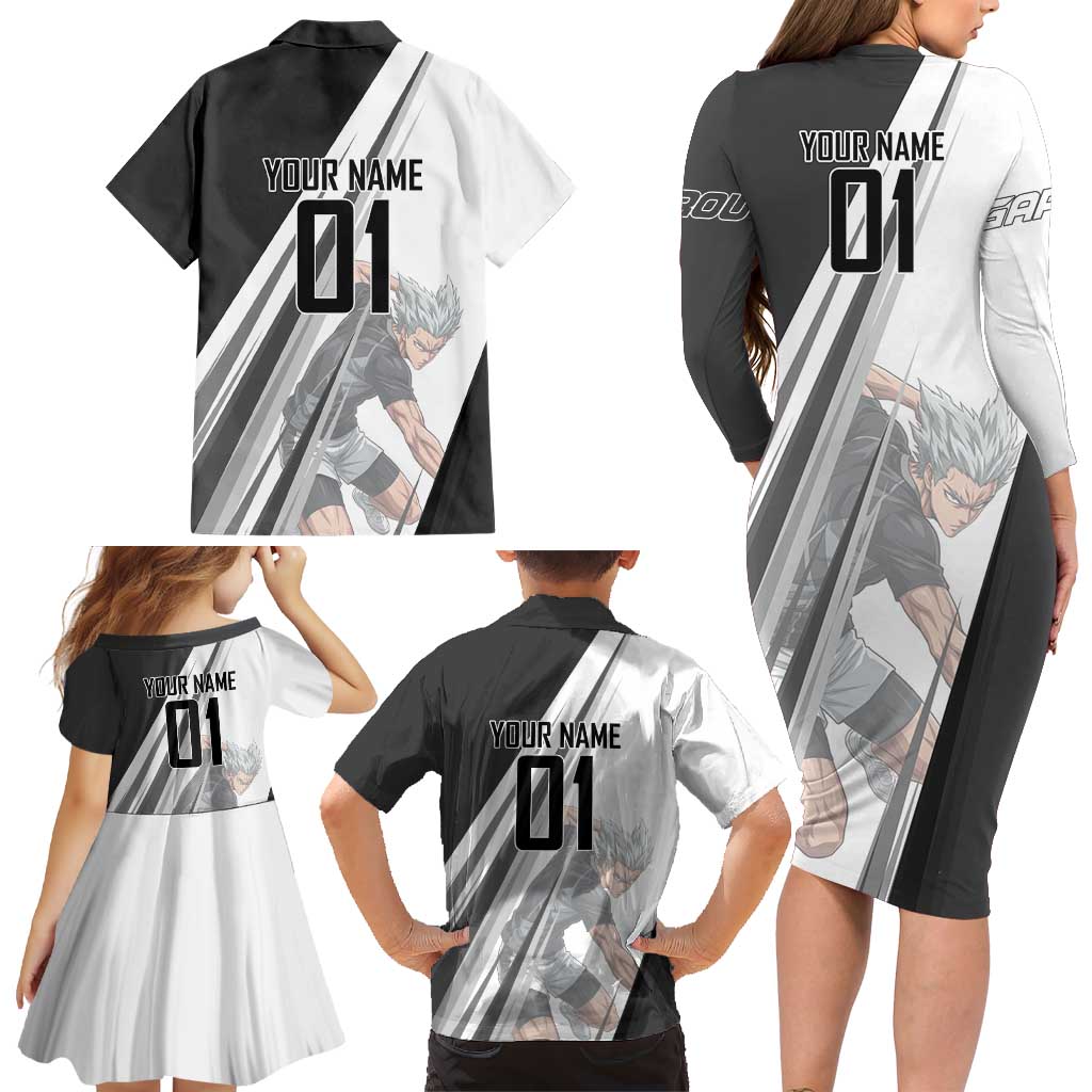 Personalized Garou Volleyball Action Design Family Matching Long Sleeve Bodycon Dress and Hawaiian Shirt with Monochrome Stripes and Dynamic Pose