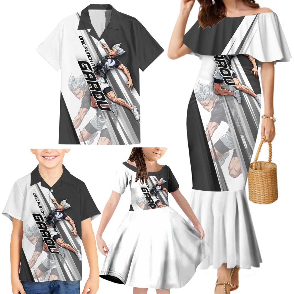 Personalized Garou Volleyball Action Design Family Matching Mermaid Dress and Hawaiian Shirt with Monochrome Stripes and Dynamic Pose